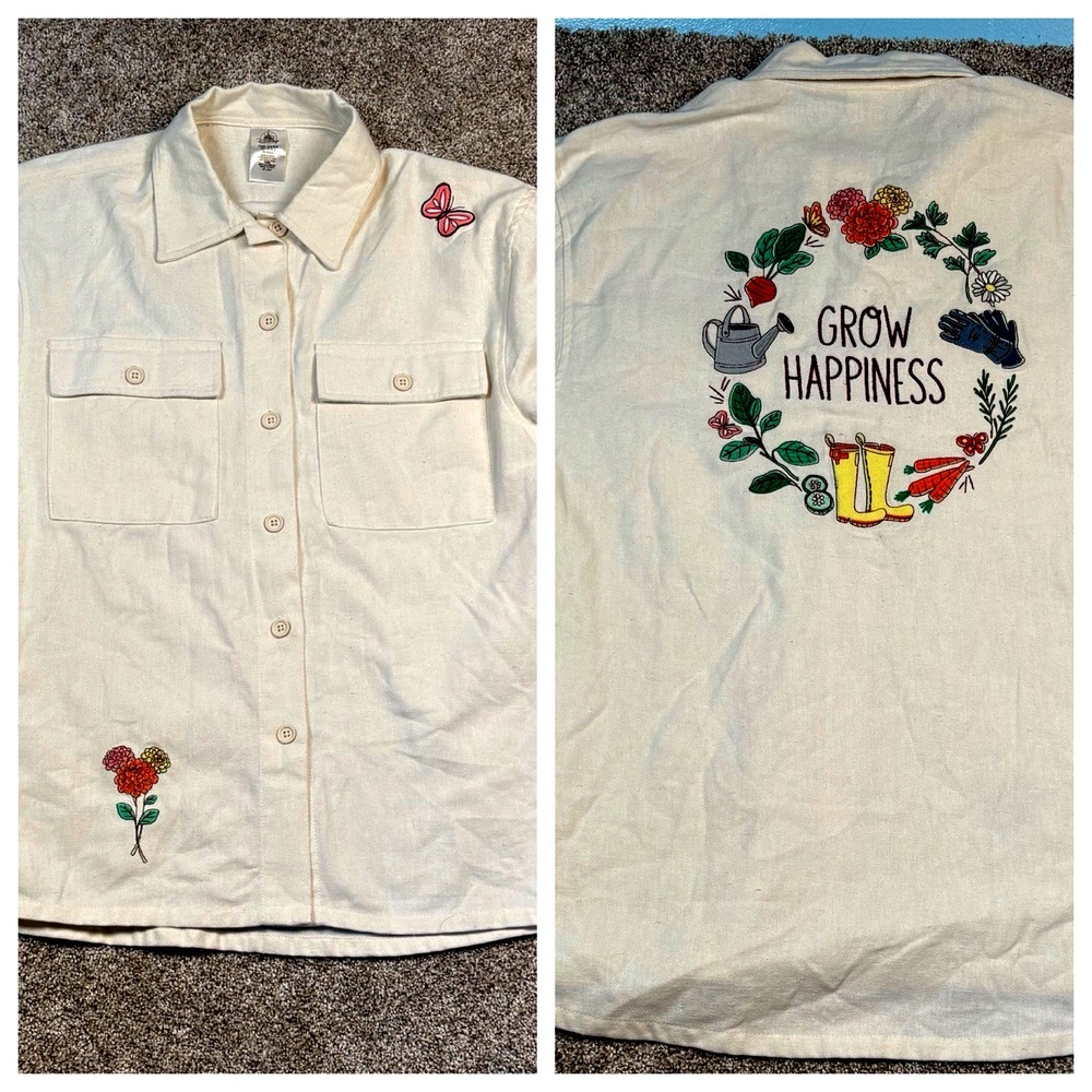 Disney Womens Shirt M Grow Happiness Long Sleeve Embroidered Garden Plant Flower